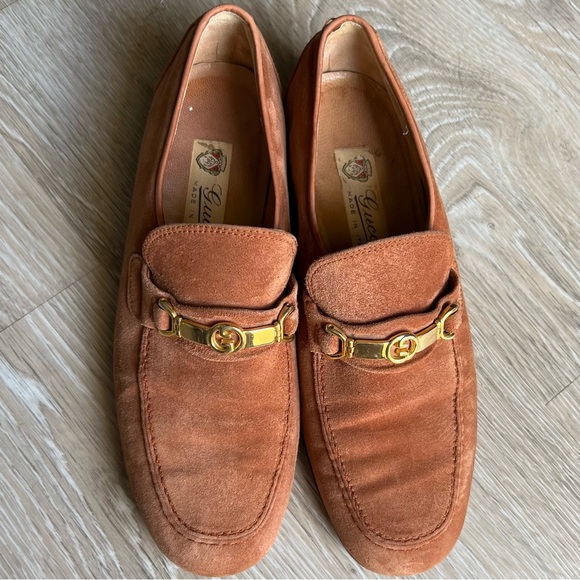 Vintage 80s Gucci Carmel Suede Leather Loafers 41.5 US 8.5 unisex women’s US 10 - Picture 4 of 16